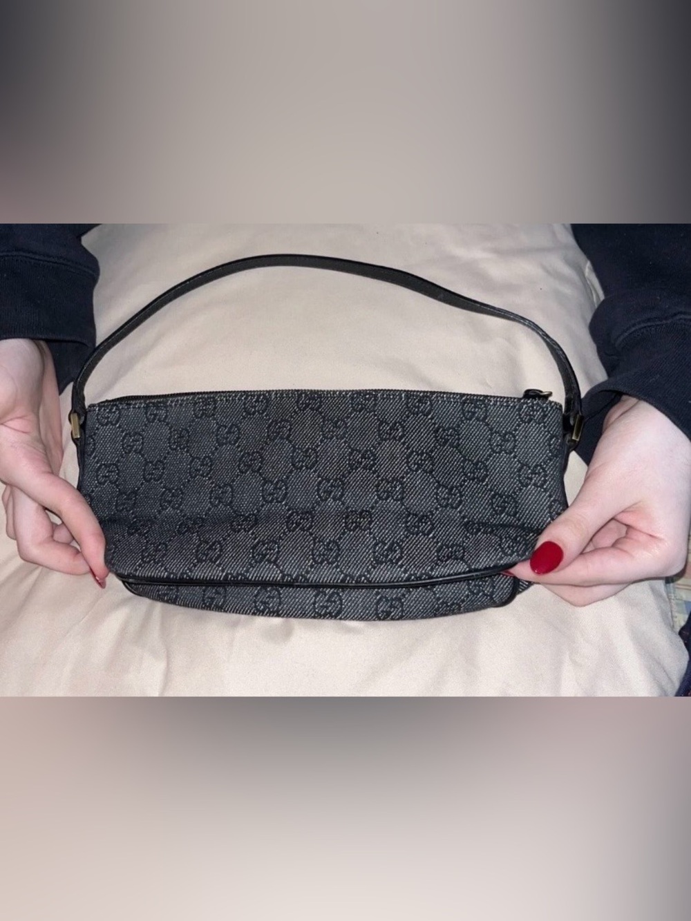 Gucci Black Monogram Mini Shoulder Bag with Gold Plaque - Picture 2 of 8